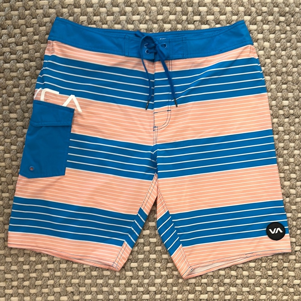 RVCA Blue and Pink Striped Board Shorts